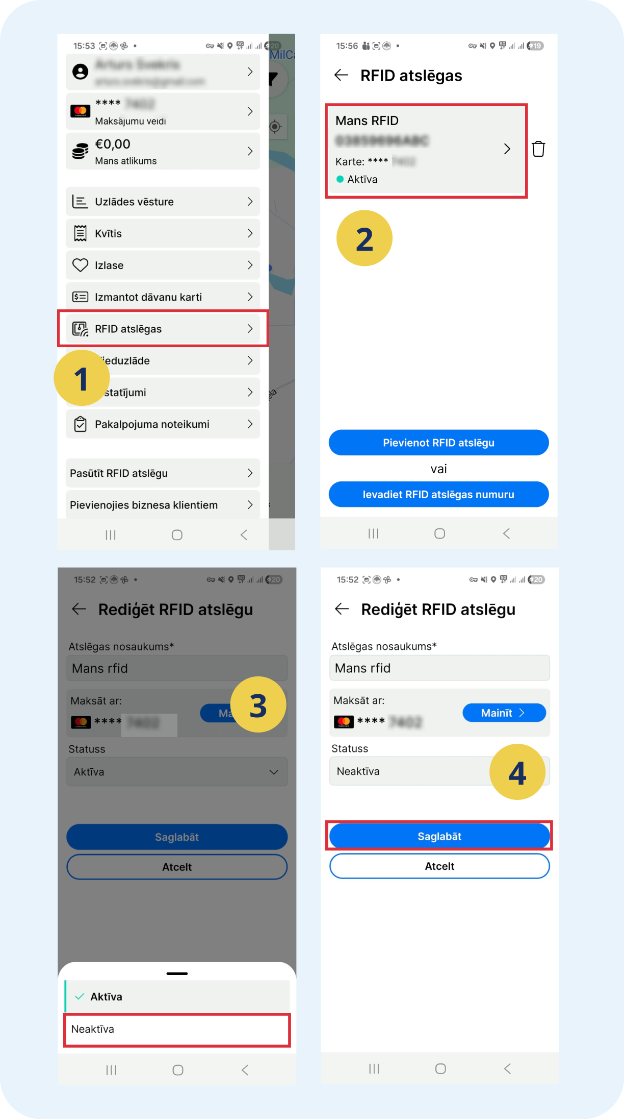 RFID atslēgas bloķēšanas instrukcija.