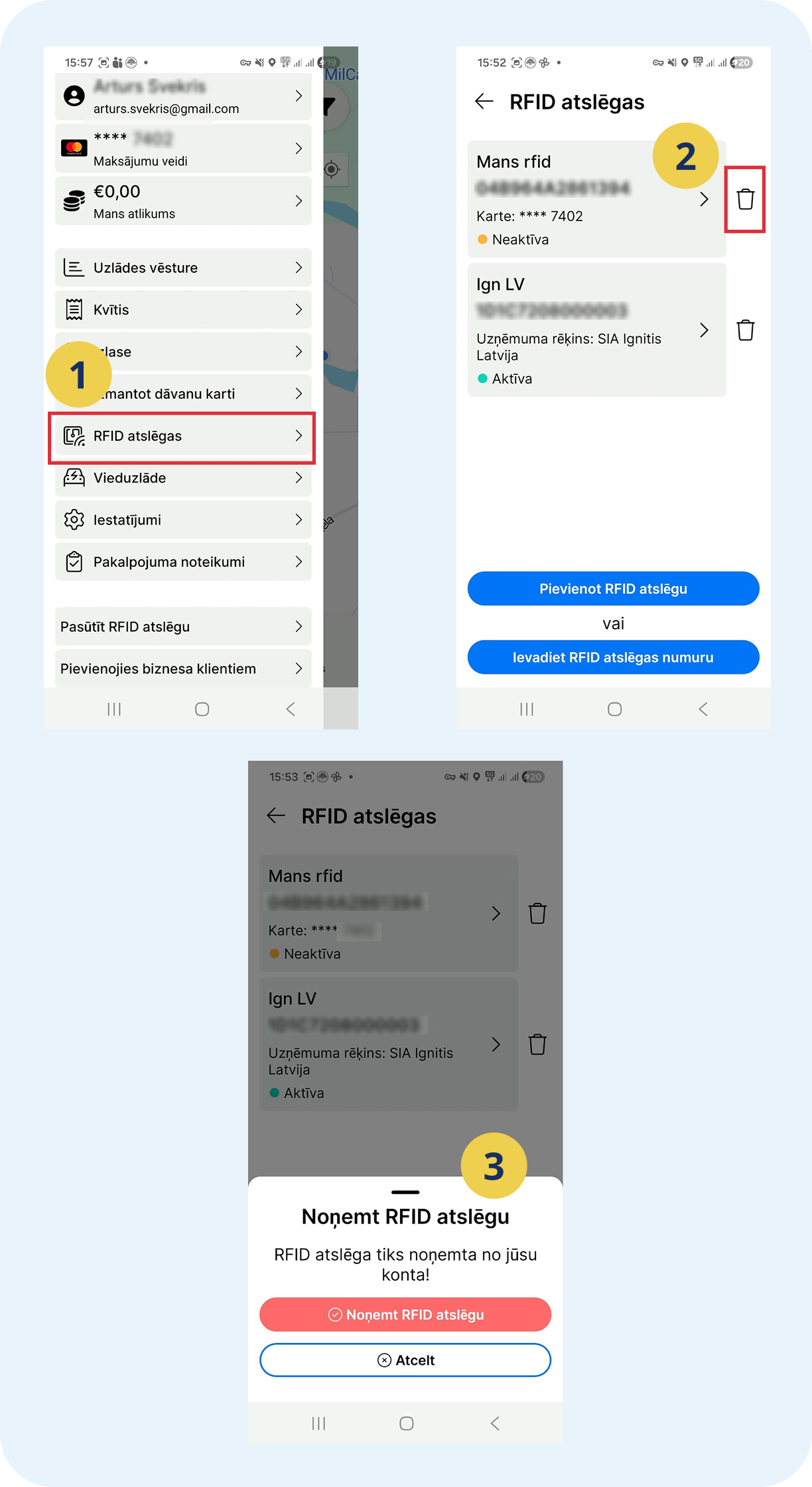 RFID atslēgas dzēšanas instrukcija.