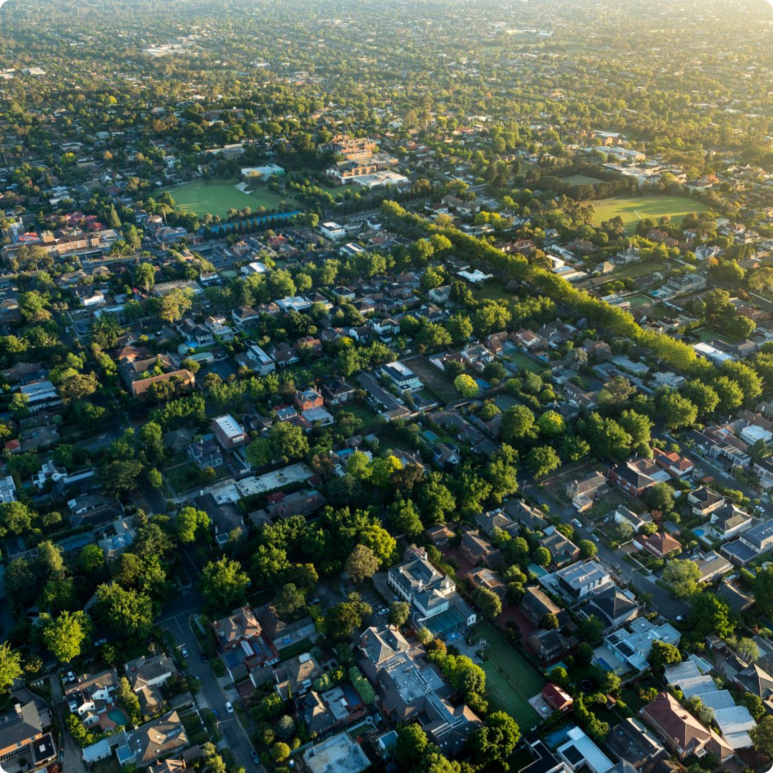 A photograph of a settlement from an airplane