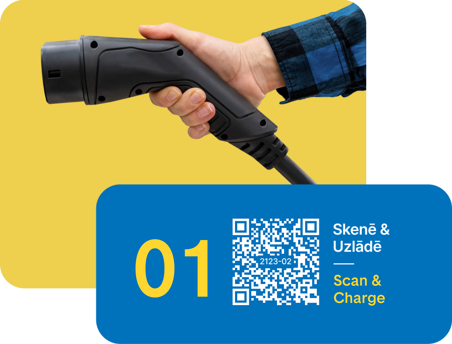 QR kods, ko atradīsiet uz Ignitis ON uzlādes stacijām. Blakus tam - uzlādes savienotājs.