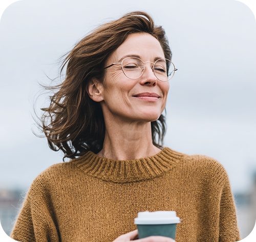 Sieviete ar kafijas tasi rokā.