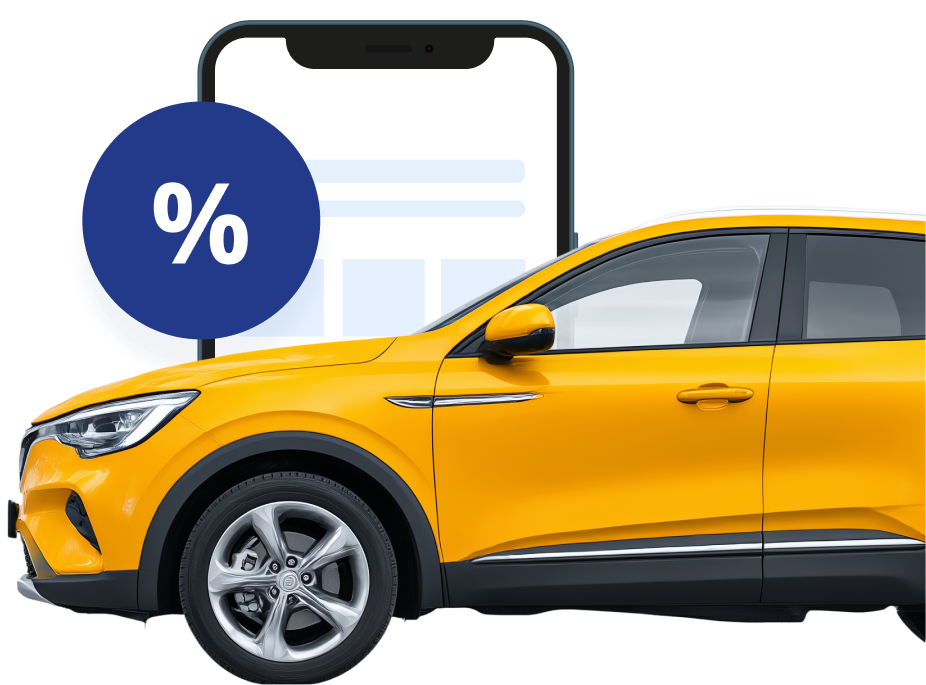 Elektroauto, mobilais tālrunis un atlaides zīme.