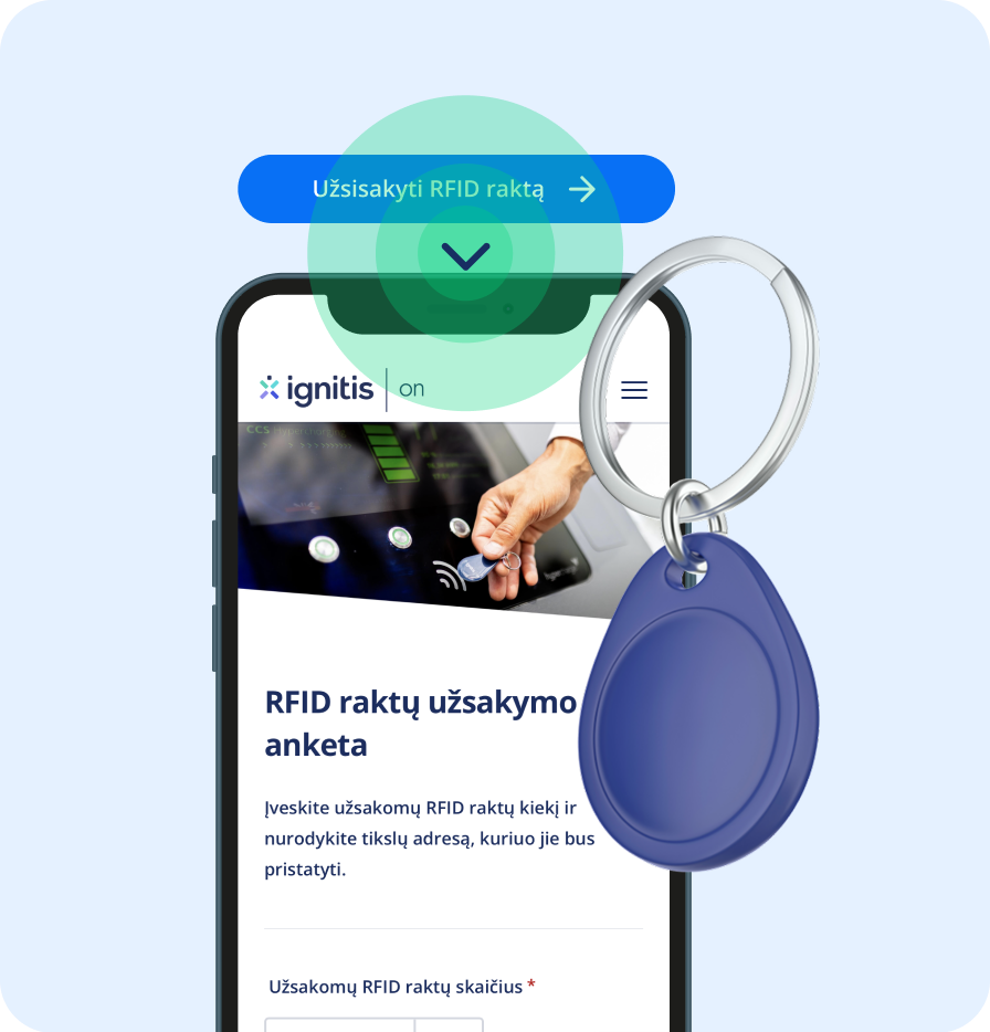 RFID atslēga un mobilais tālrunis, kura ekrānā redzama RFID atslēgu pasūtīšanas forma, bet virs mobilā tālruņa poga — “Pasūtīt RFID atslēgu”.