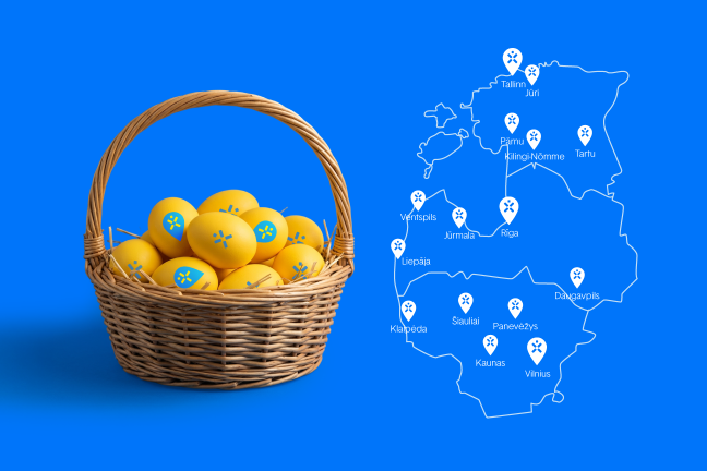 Lieldienu Ignitis ON olas pītā grozā un Baltijas valstu kartes.