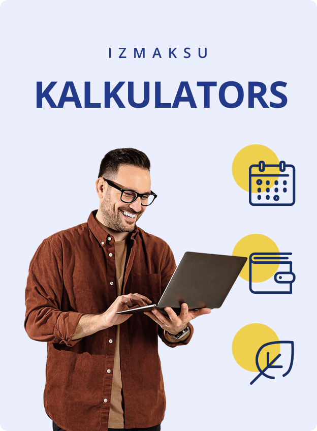 Uzraksts: „Izmaksu kalkulators“ un blakus tam laimīgs vīrietis, kurš priecājas, izmantojot kalkulatoru, jo var salīdzināt, vai viņam izdevīgāk ir iegādāties elektroauto vai automašīnu ar iekšdedzes dzinēju.
