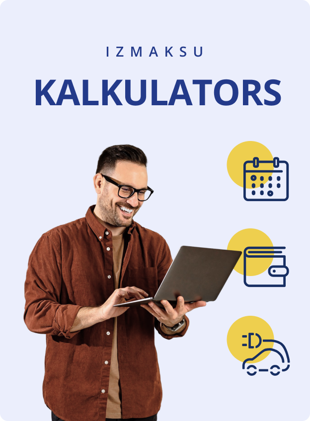 Uzraksts: „Izmaksu kalkulators“ un blakus tam laimīgs vīrietis, kurš priecājas, izmantojot kalkulatoru, jo var salīdzināt, vai viņam izdevīgāk ir iegādāties elektroauto vai automašīnu ar iekšdedzes dzinēju.